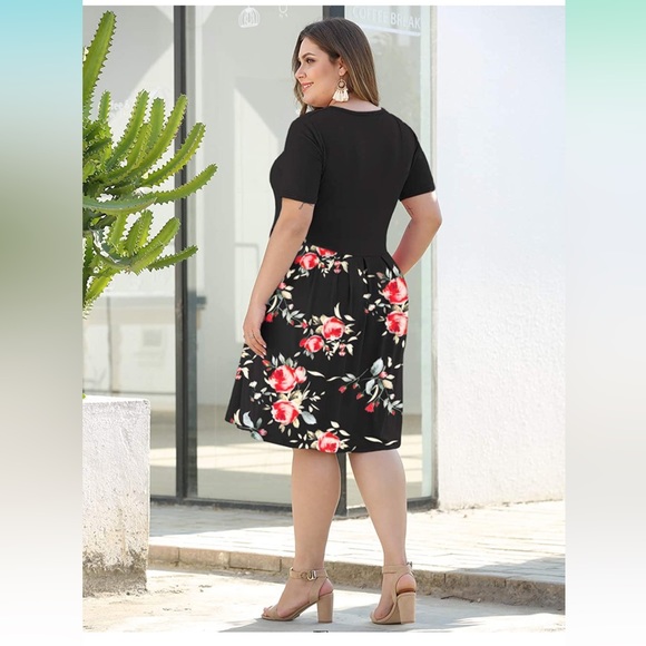 EUC AUSELILY Plus Size 22 Swing Dress Pockets Knee Length black pink rose print - Picture 3 of 7